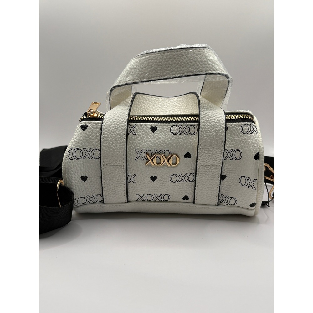 XOXO White Mini Cylinder Duffle Crossbody Bag Heart Print Gold Hardware New